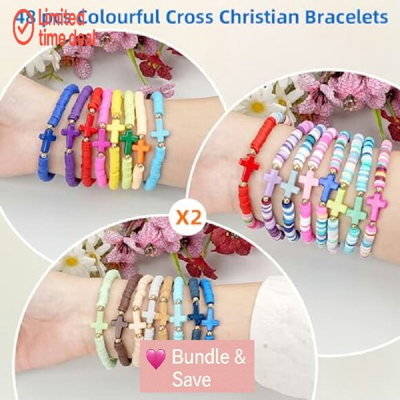 Handmade Polymer Clay Beaded Bracelets, Stretch Fit, Christian Cross Design - Picture 4 of 8